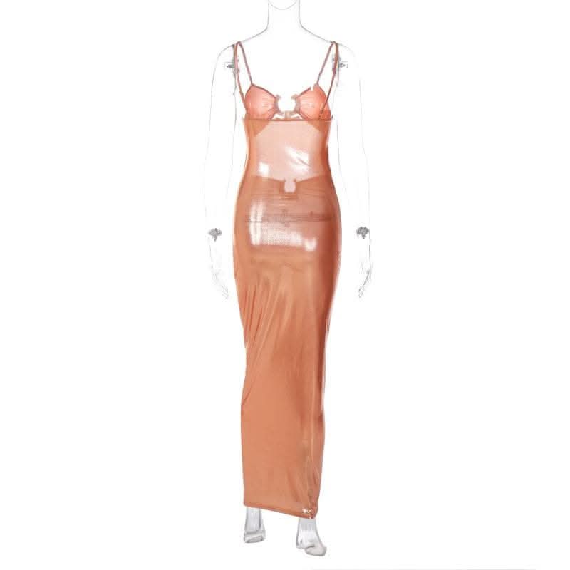 Hollow out metallic ruched backless metal applique cami cut out maxi dress-final-sale