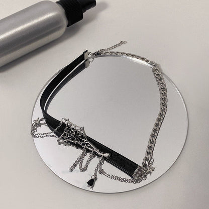 Spider web layered PU leather chain choker necklace