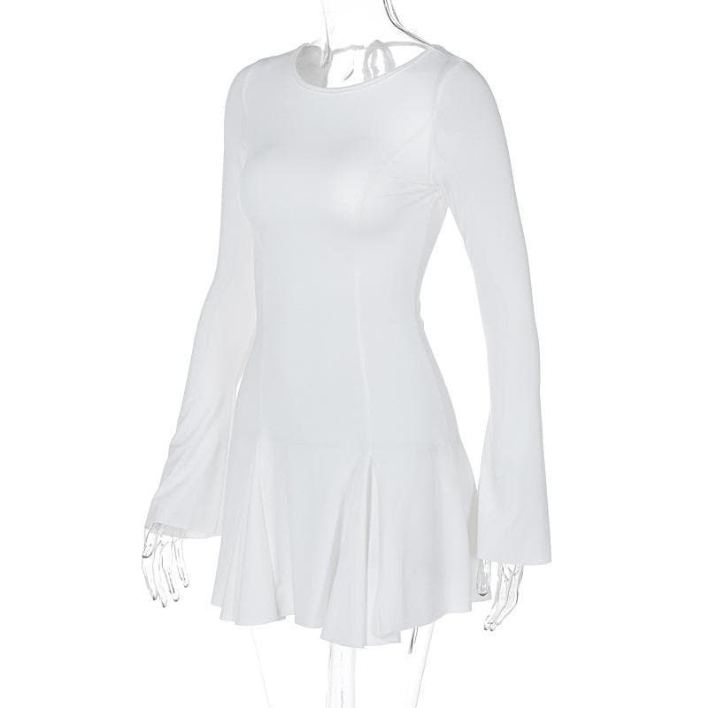 Long Sleeve Princess Seam Crisscross Back Tie Pleated Skater Mini Dress