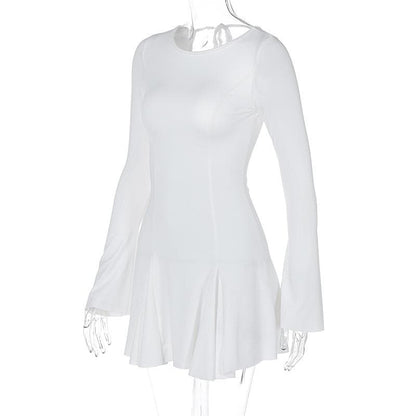 Long Sleeve Princess Seam Crisscross Back Tie Pleated Skater Mini Dress