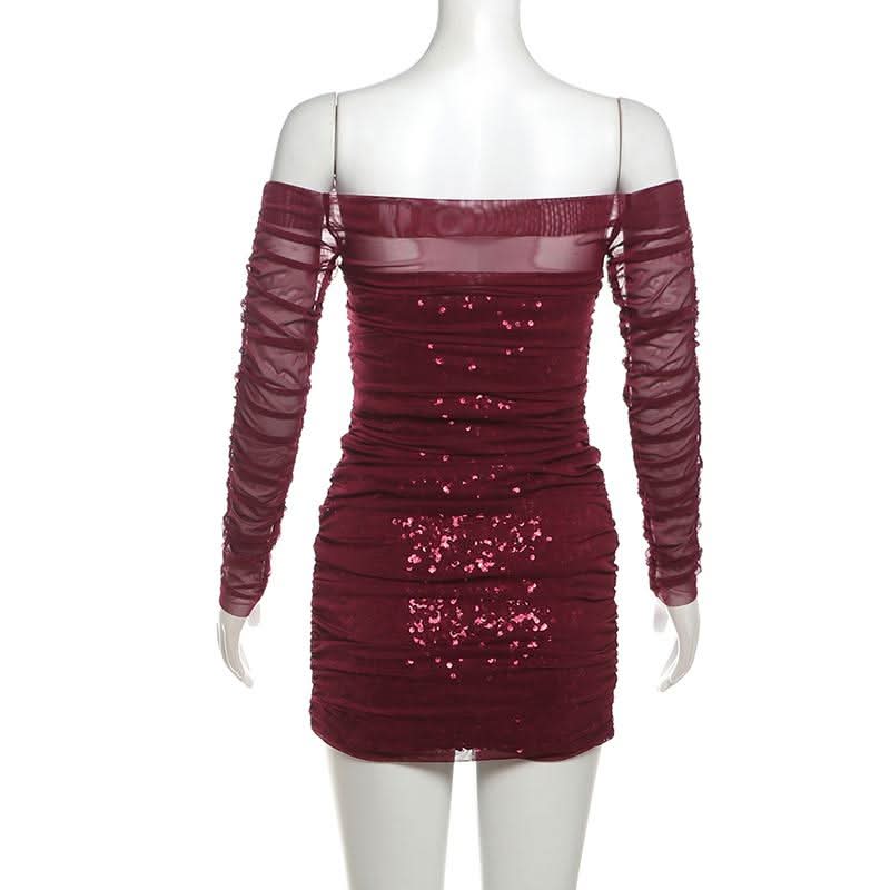 Off shoulder glitter long sleeve mesh ruched mini dress