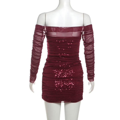 Off shoulder glitter long sleeve mesh ruched mini dress