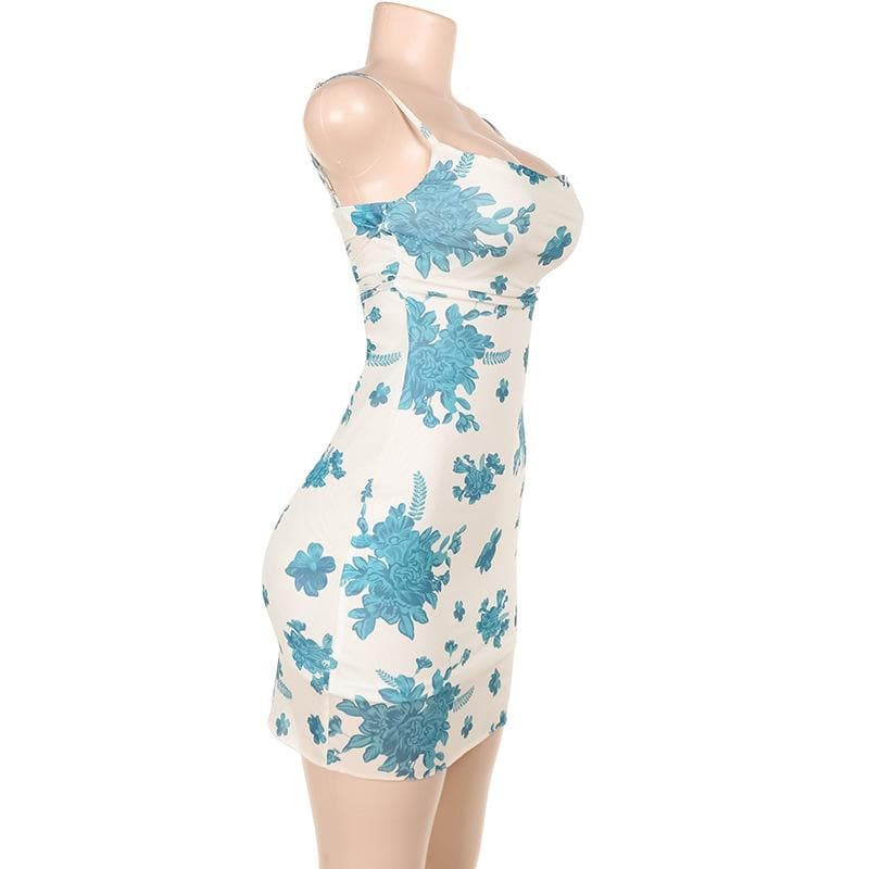 Flower print mesh lace up cami mini dress