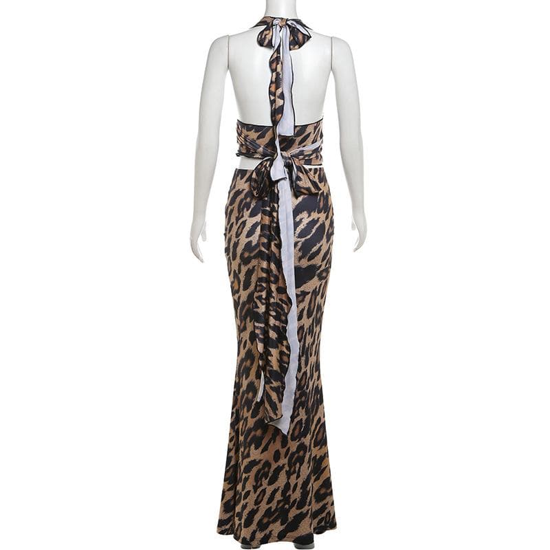 Leopard print halter ruched backless maxi skirt set-final-sale