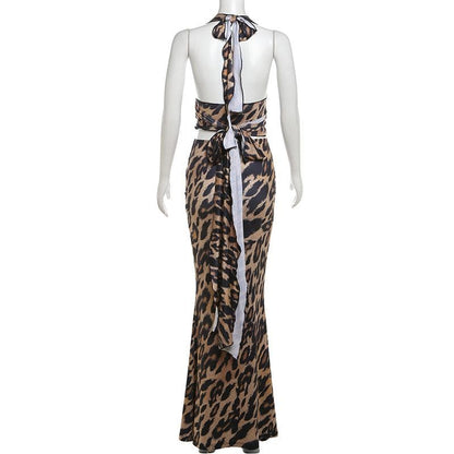 Leopard print halter ruched backless maxi skirt set-final-sale