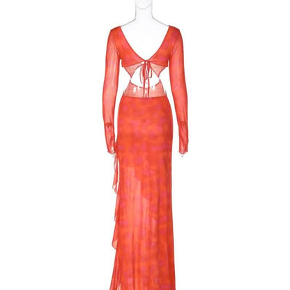 Long sleeve solid mesh slit v neck ruffle hollow out cut out maxi dress-final-sale