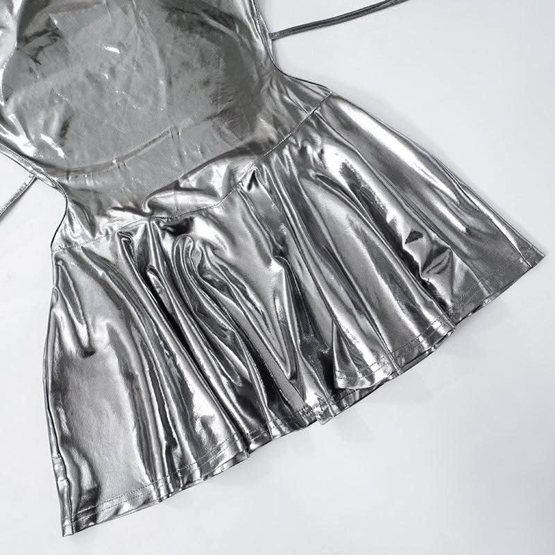 Metallic self tie halter cowl neck backless mini dress