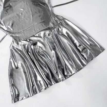 Metallic self tie halter cowl neck backless mini dress