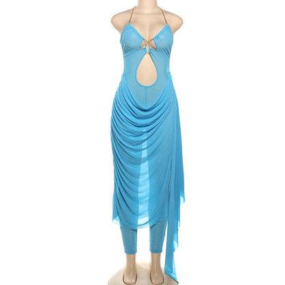 Metal chain halter ruched sheer mesh hollow out cut out maxi dress