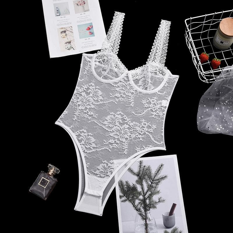 Sheer lace see through backless cami bodysuit