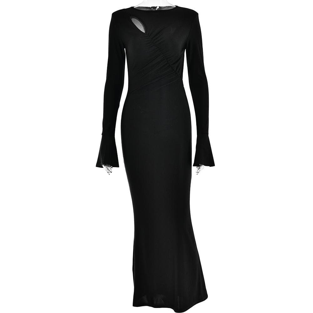 Ruched solid hollow out irregular long sleeve cut out maxi dress
