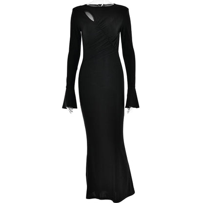 Ruched solid hollow out irregular long sleeve cut out maxi dress
