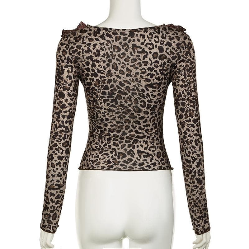 Long sleeve ruffle leopard print bowknot ribbon top