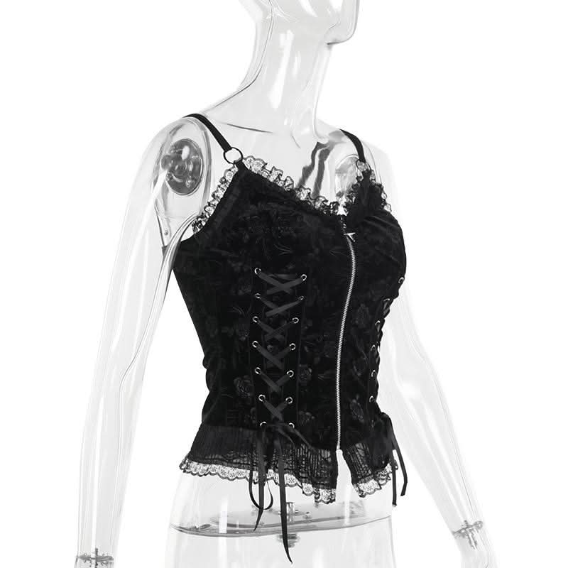 V neck lace hem zip-up ruffle lace up cami top
