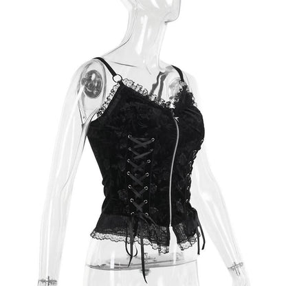 V neck lace hem zip-up ruffle lace up cami top