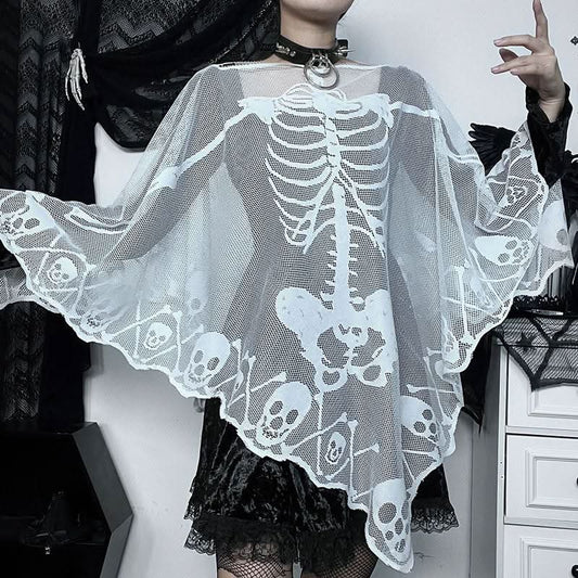 Human skeleton ruffle net shrug top