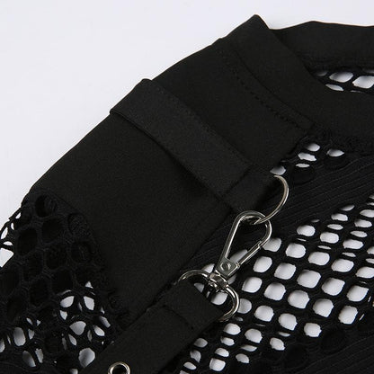 Hollow out long sleeve fishnet see through buckle solid crop cut out top