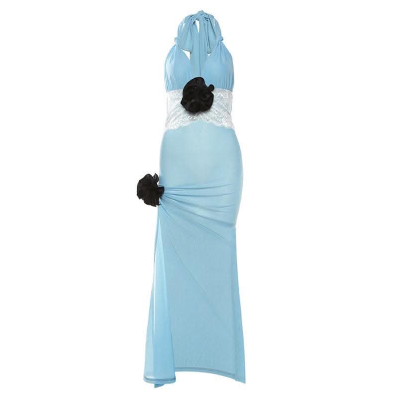 Flower applique contrast v neck lace hem halter backless maxi dress-final-sale