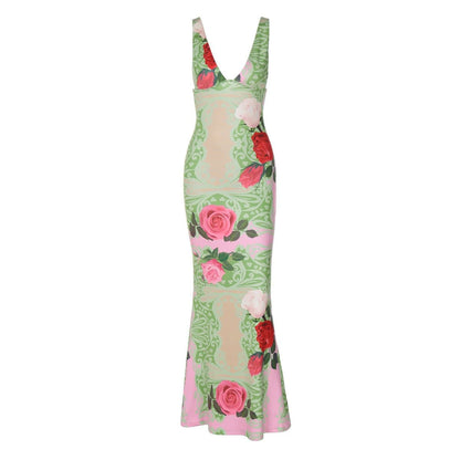 Flower print v neck cami maxi dress