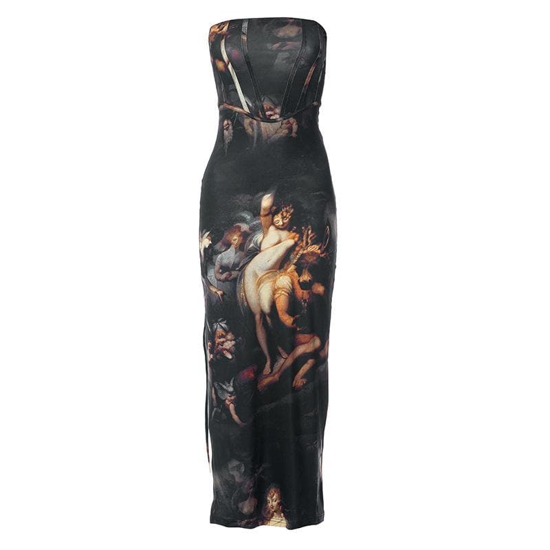 Renaissance Art Print Strapless Corset High Slit Maxi Dress