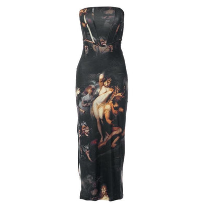 Renaissance Art Print Strapless Corset High Slit Maxi Dress