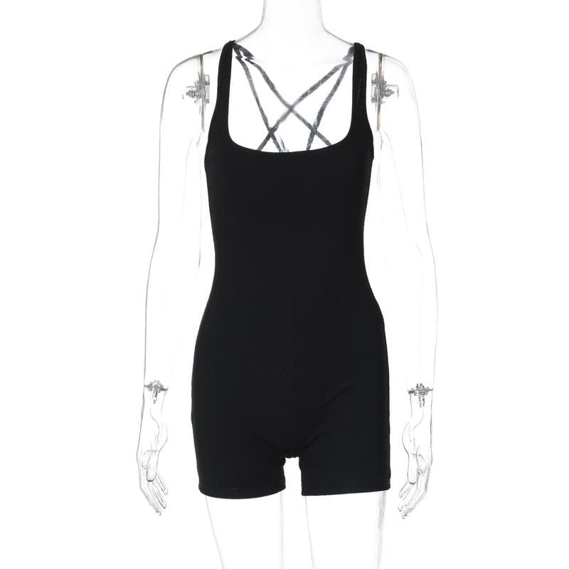 U neck cross back solid romper