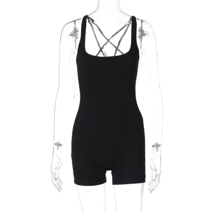 U neck cross back solid romper