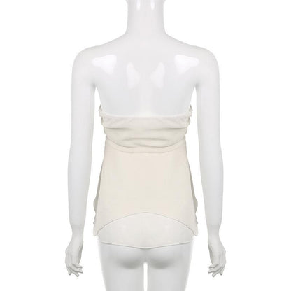 Chiffon ruched solid self tie zip-up backless tube top