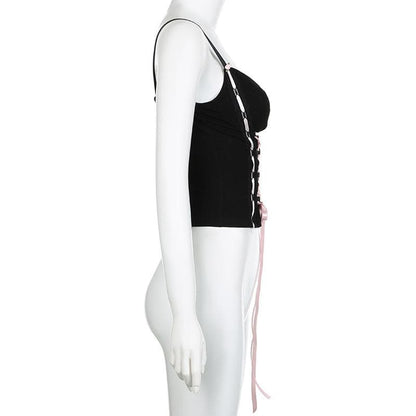 Lace up stitch ribbon sweetheart neck bustier cami top