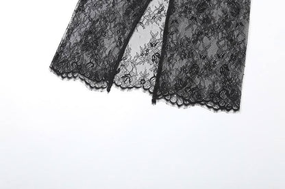 U neck button high slit lace hem patchwork cami top