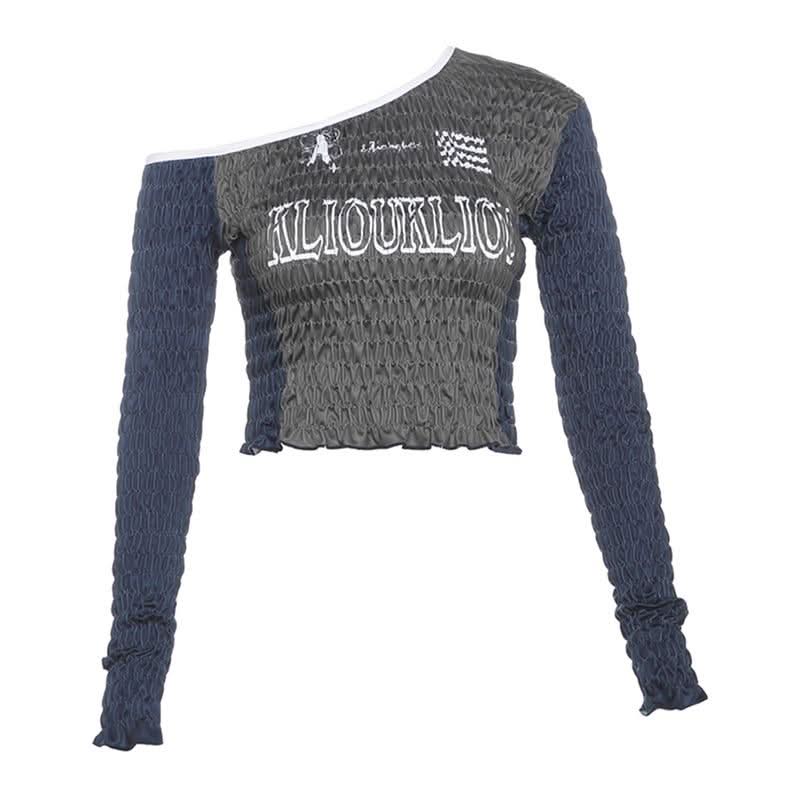 Smocked long sleeve irregular letter pattern ruffle top