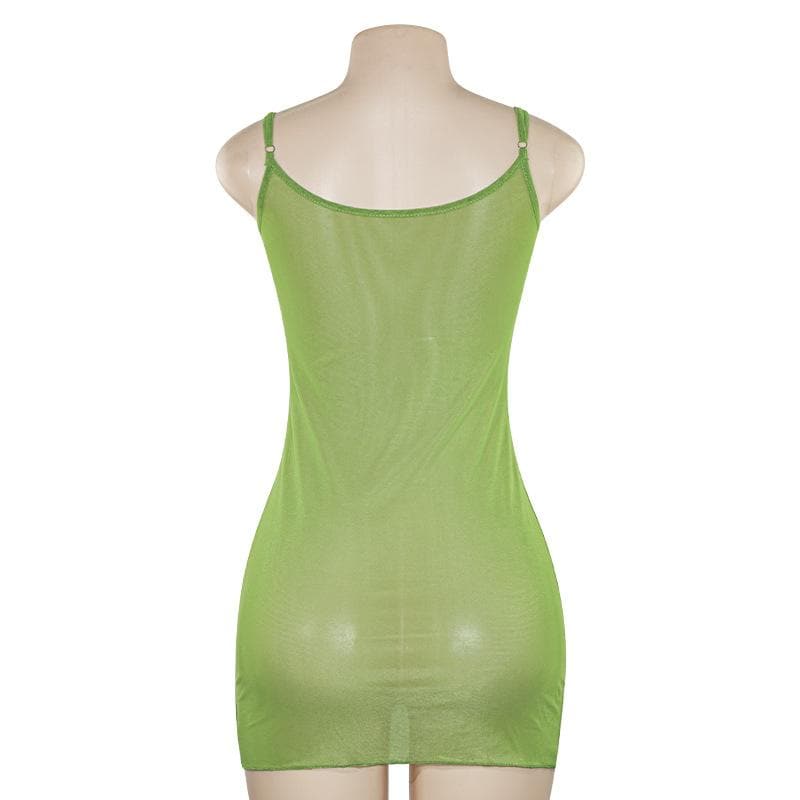 U neck butterfly embroidery sheer mesh cami mini dress
