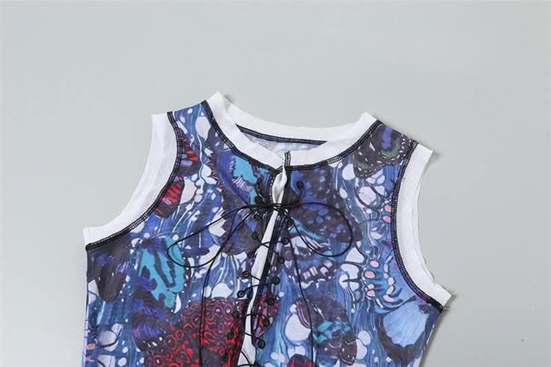 Sleeveless crewneck lace up print sheer mesh maxi dress-final-sale