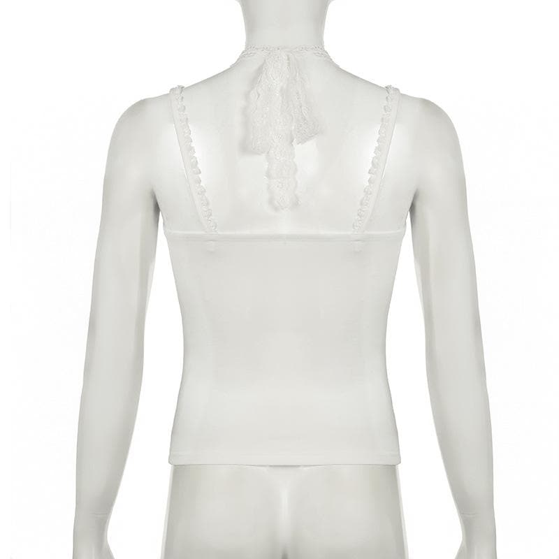 Halter lace hem ruched self tie cami top