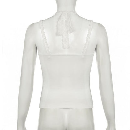 Halter lace hem ruched self tie cami top