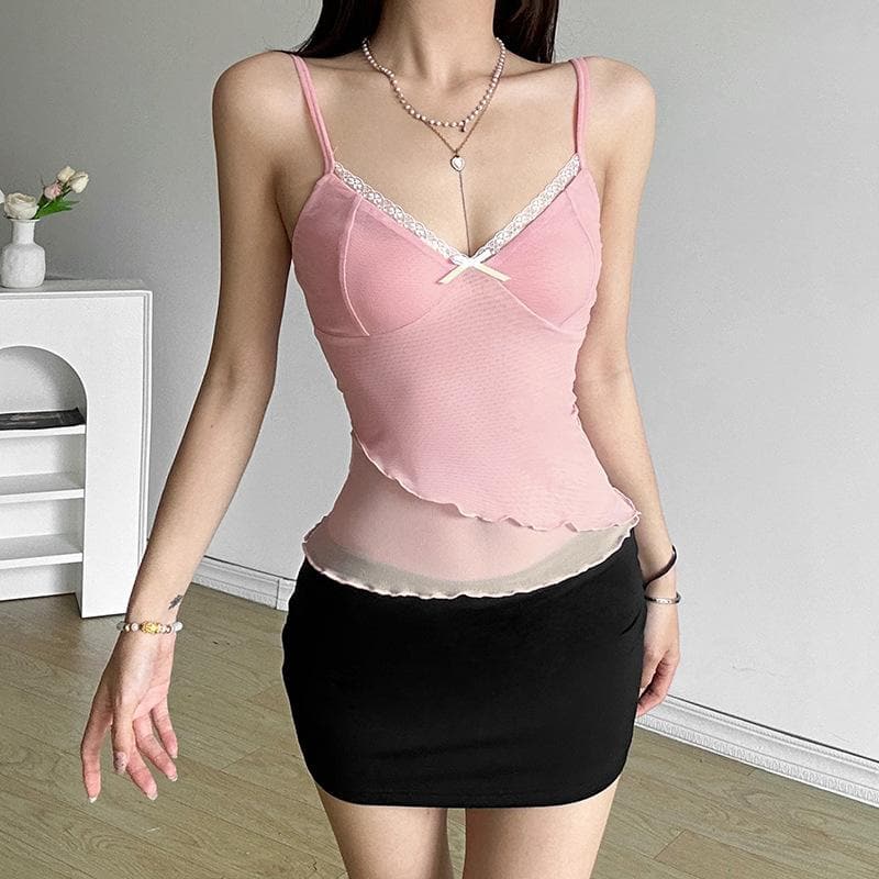 Bowknot lace v neck mesh irregular cami top