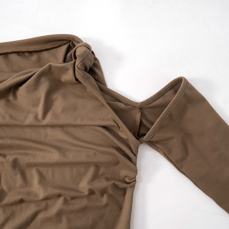 Hollow out long sleeve ruched one shoulder knotted cut out top