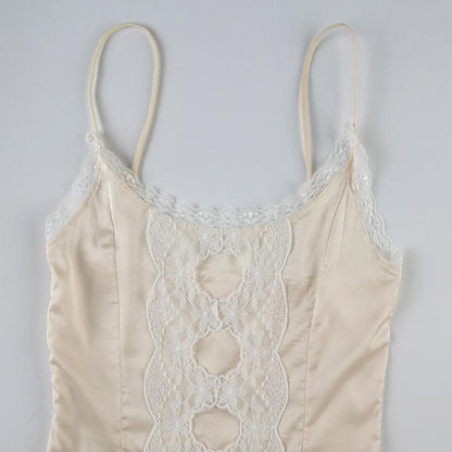 Lace patchwork satin ruffle cami bodysuit