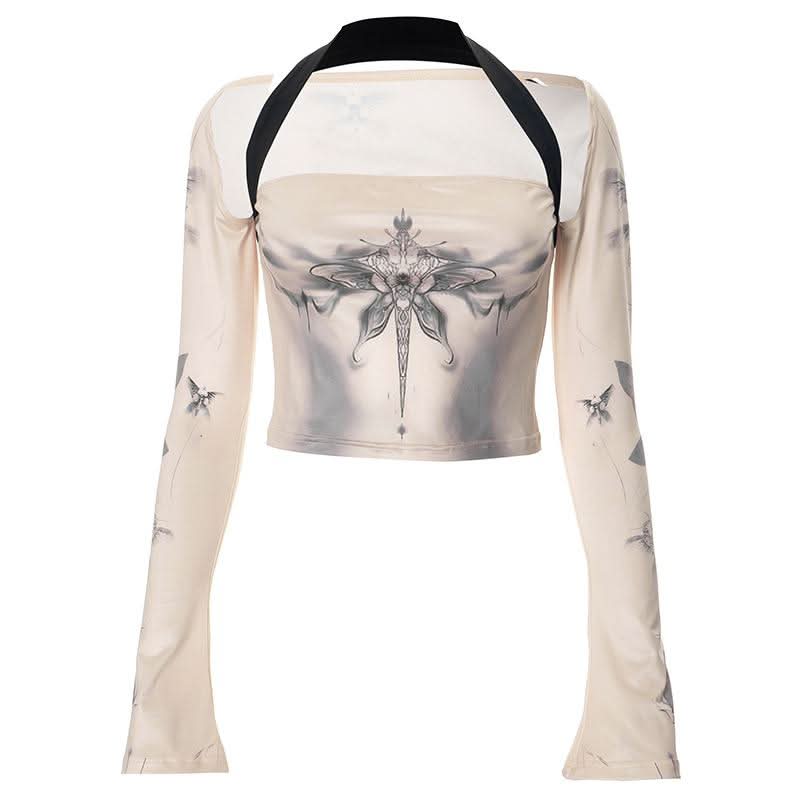 Halter long flared sleeve print hollow out crop cut out top