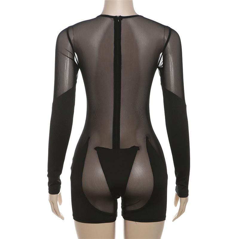 Long sleeve crewneck mesh patchwork zip-up romper