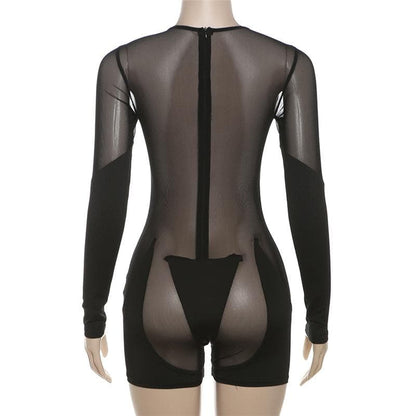 Long sleeve crewneck mesh patchwork zip-up romper