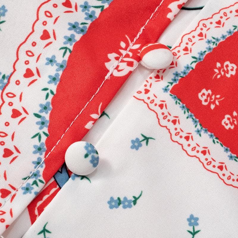 Halter lace hem print ruffle button top