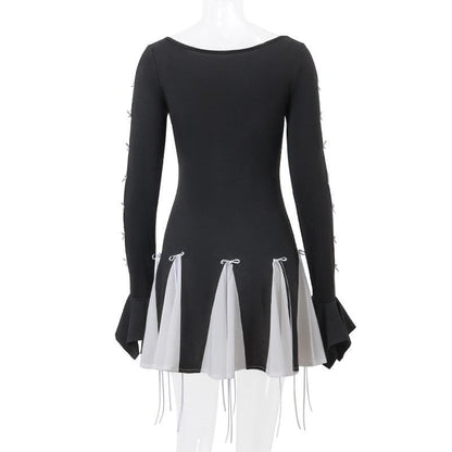 Long flared sleeve bowknot self tie u neck contrast patchwork mini dress