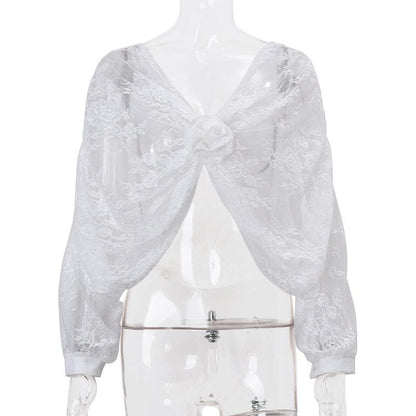 Long puff sleeve lace see through flower applique backless crop top