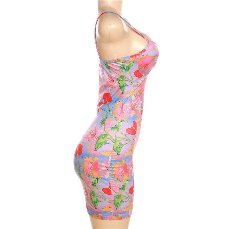 Sweetheart Neck Spaghetti Strap Floral Print Bodycon Mini Dress