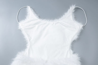 U neck fluffy zip-up backless cami mini dress