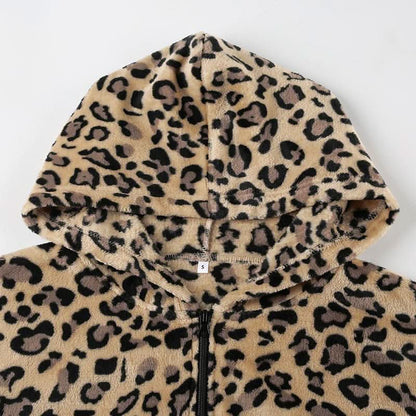 Hoodie long sleeve leopard print zip-up coat top