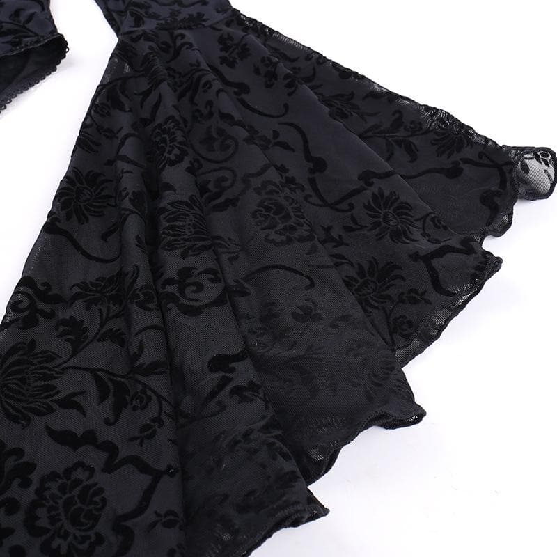 Long flared sleeve ruffle bowknot mesh see through bodysuit