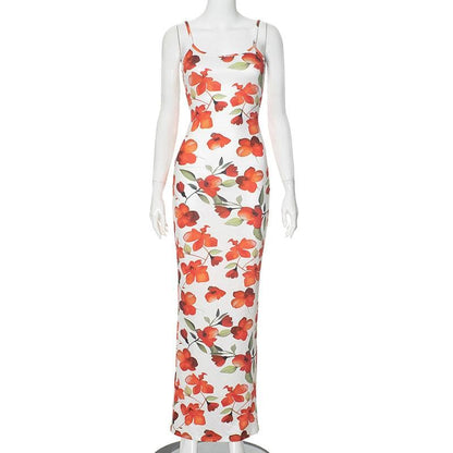 U neck backless slit flower print cami maxi dress