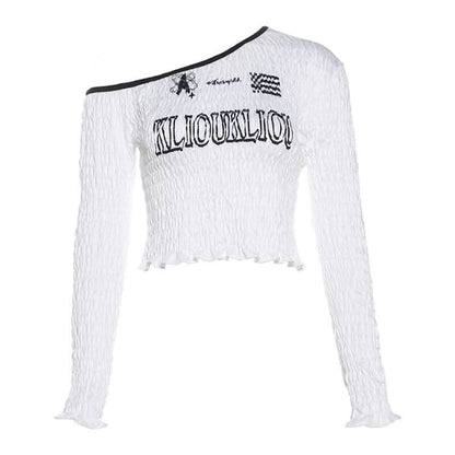 Smocked long sleeve irregular letter pattern ruffle top